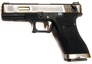 ПИСТОЛЕТ ПНЕВМ. WE GLOCK-18 G-Force, авт, металл слайд, черная рамка, хром. слайд, золоченый ствол WE-G002WET-3